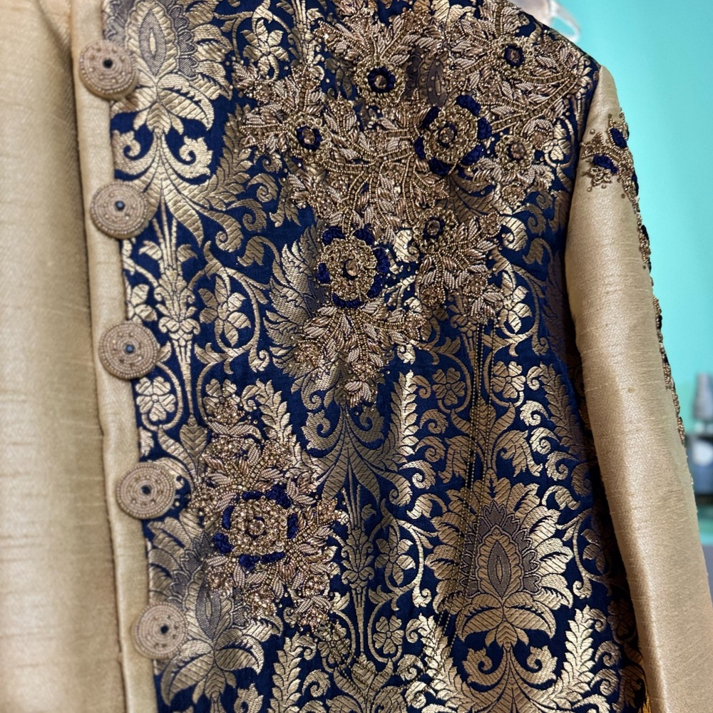 Royal Blue and Gold Sherwani - Picture 2 of 6